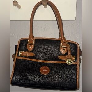 Dooney & Bourke Black Brown Pebbled Leather Satchel Bag Buckle Accent Logo Charm